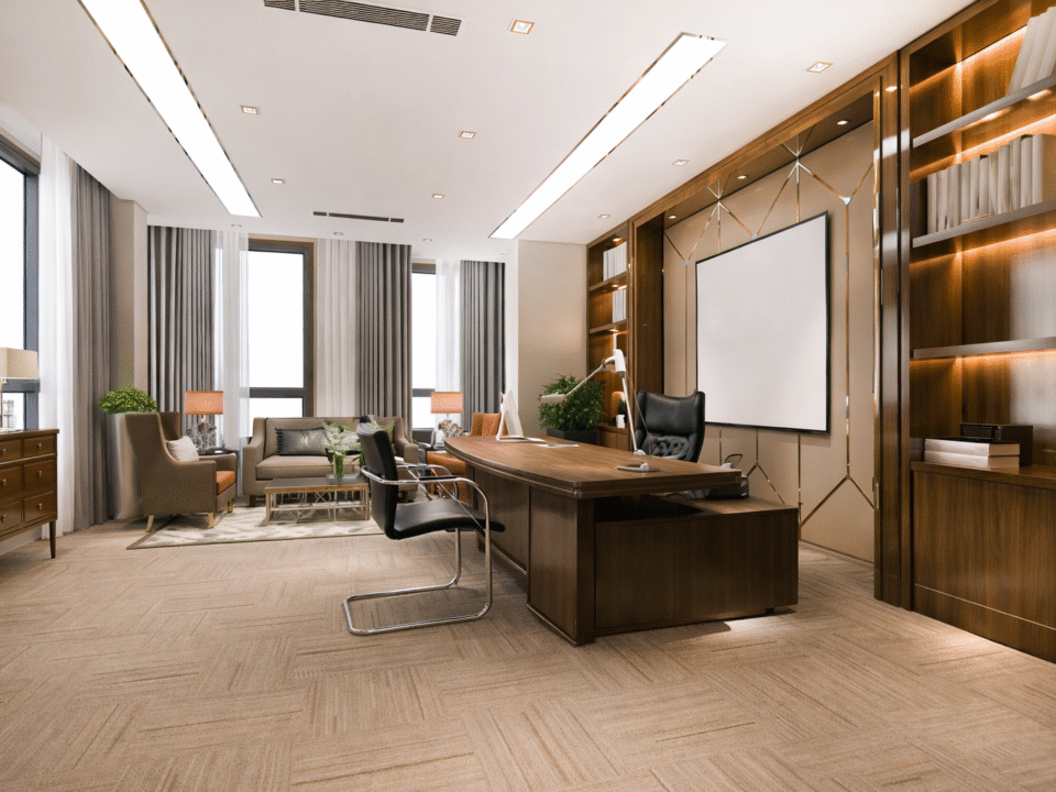 Office space with a carpeted floor