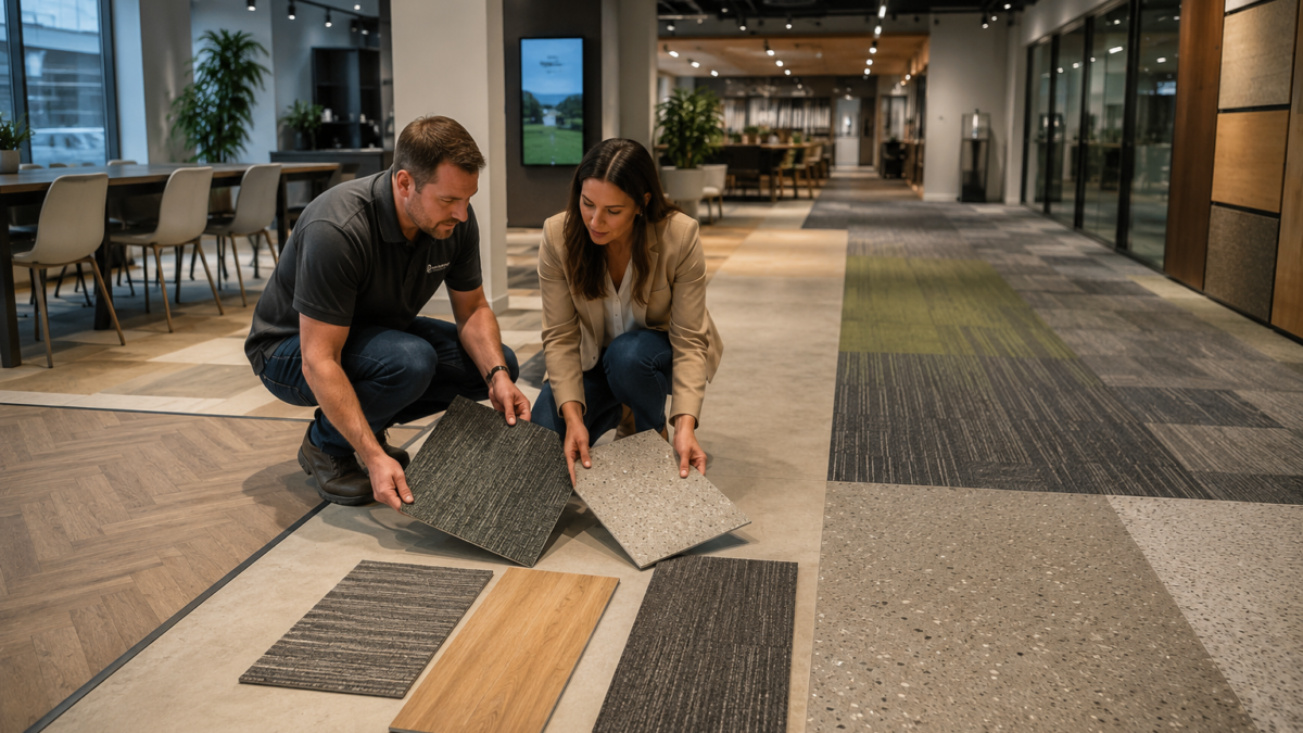 QC Commercial Flooring Milton Keynes | How to Choose the Right Commercial Flooring for Your Business Premises People viewing flooring samples