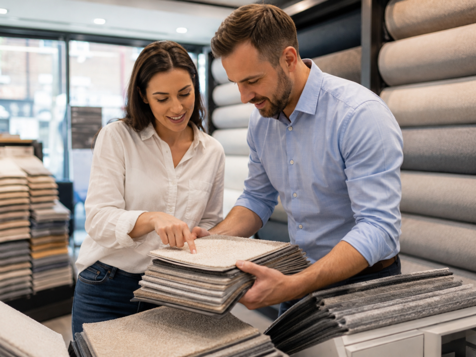 Carpet supplier and customer looking of carpet samples
